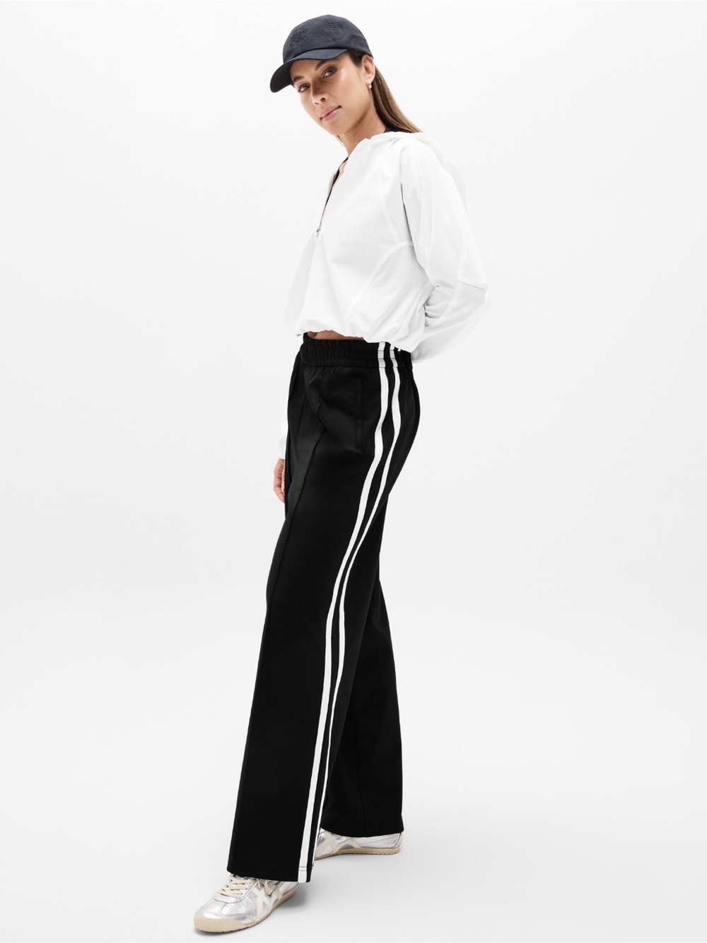 Athleta Women's Black Wide-Leg Track Pants with White Side Stripes